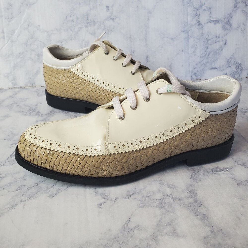 Vintage Aerogreen Golf Shoes Womens 9 Cream Patent & Woven‎ Leather Lace-Up